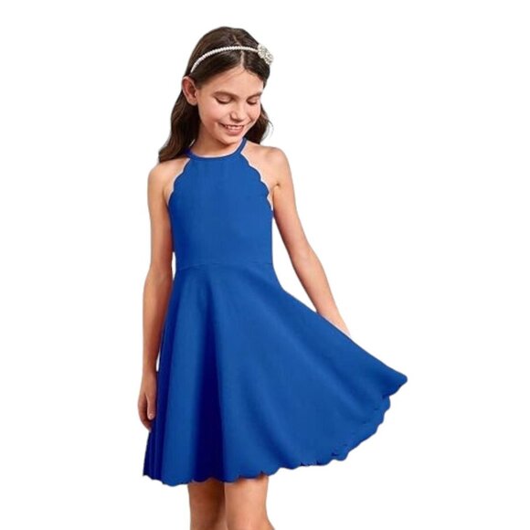 Arshiner Girls Scallop Trim Halter Neck Sleeveless Swing Dress in Blue - Size 14 - Picture 1 of 7